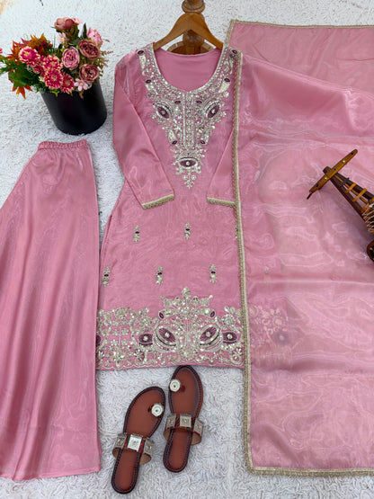 Ready-made Collection With Silky 😍 Silk And Heavy Embroidery Sequence Work Top-Bottom And Dupatta Set Fully Stitched Ready To Wear Collection