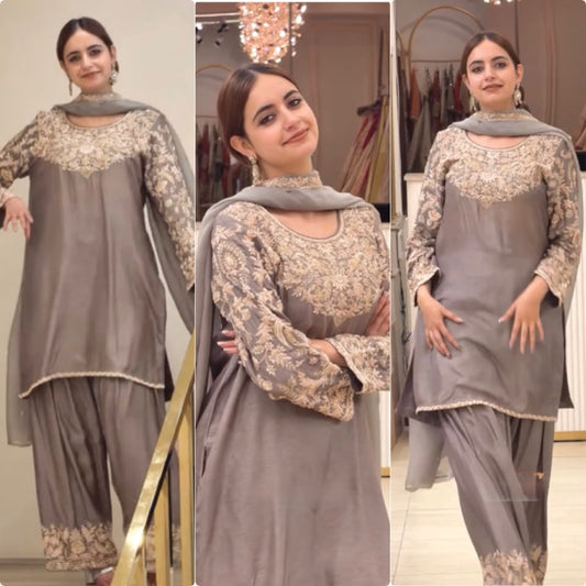 Đěsigner Party Wear Look Pur Chinon Silk Top & Farshi Palazzo With Dupatta set