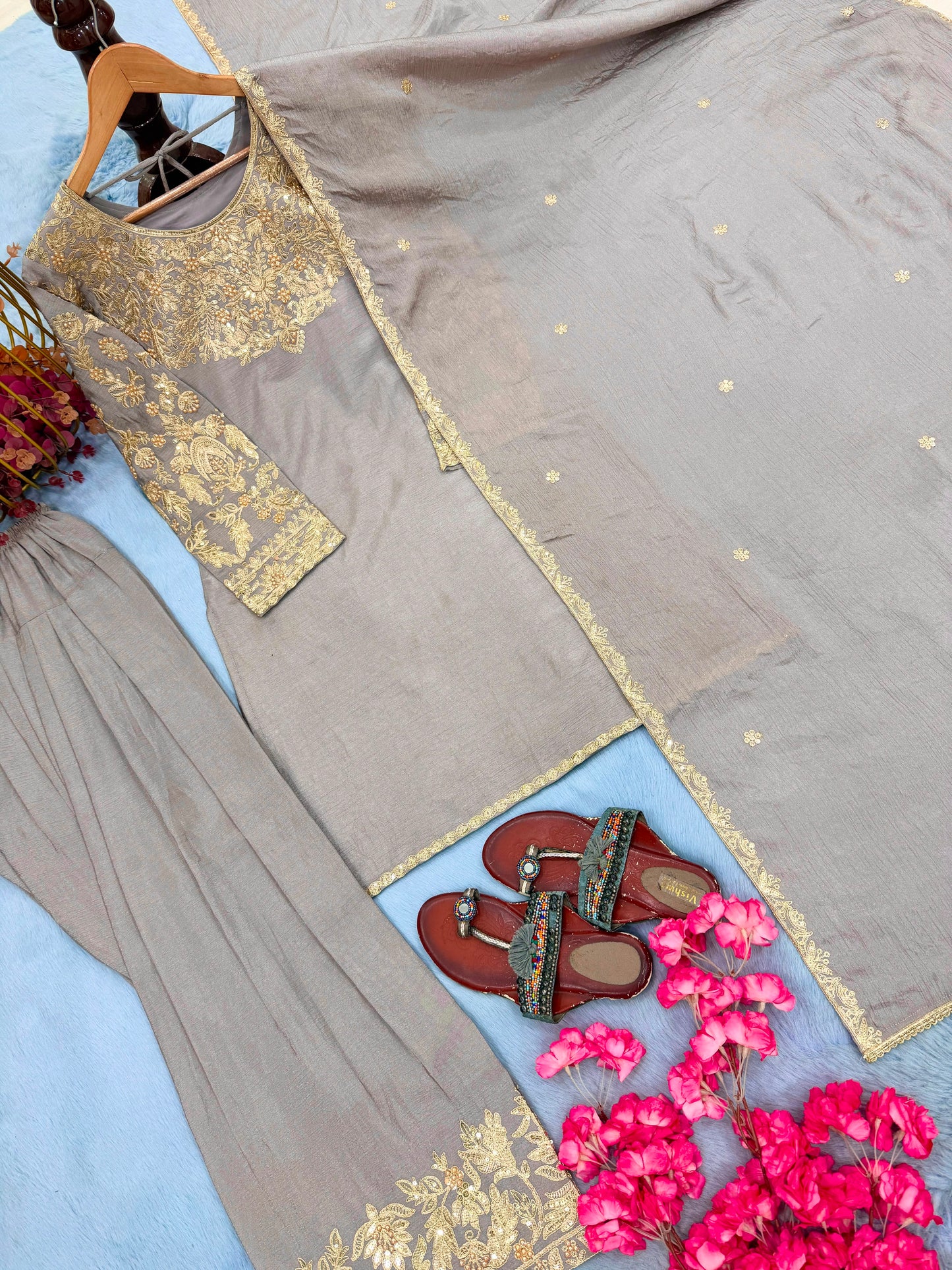 Đěsigner Party Wear Look Pur Chinon Silk Top & Farshi Palazzo With Dupatta set