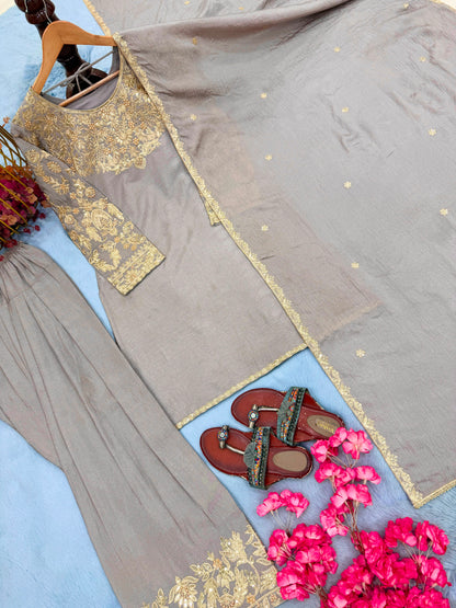 Đěsigner Party Wear Look Pur Chinon Silk Top & Farshi Palazzo With Dupatta set