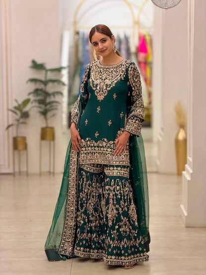 Đěsigner Party Wear Look Heavy Faux Georgette Top Plazzo & Dupatta Set