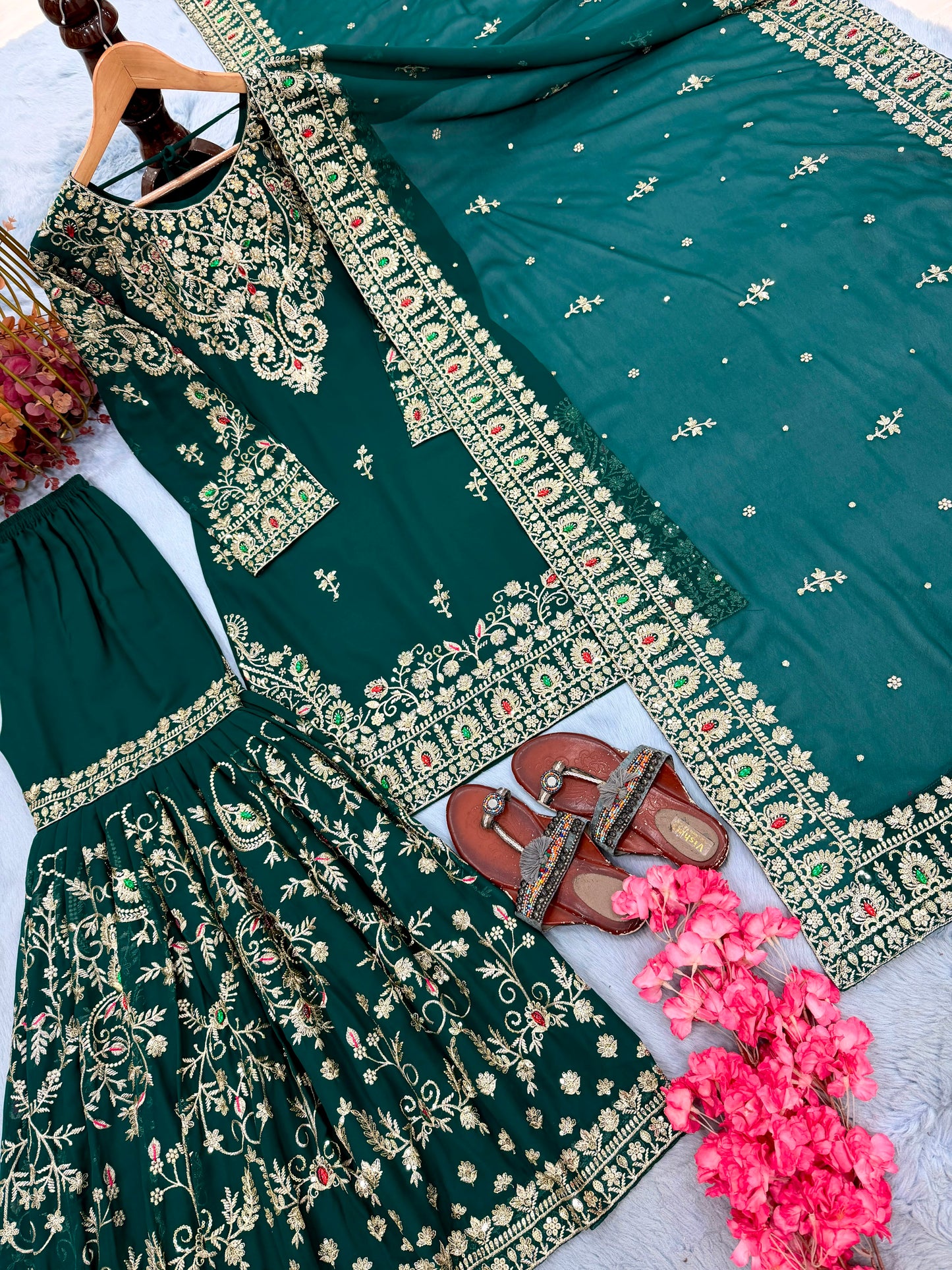 Đěsigner Party Wear Look Heavy Faux Georgette Top Plazzo & Dupatta Set
