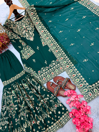 Đěsigner Party Wear Look Heavy Faux Georgette Top Plazzo & Dupatta Set
