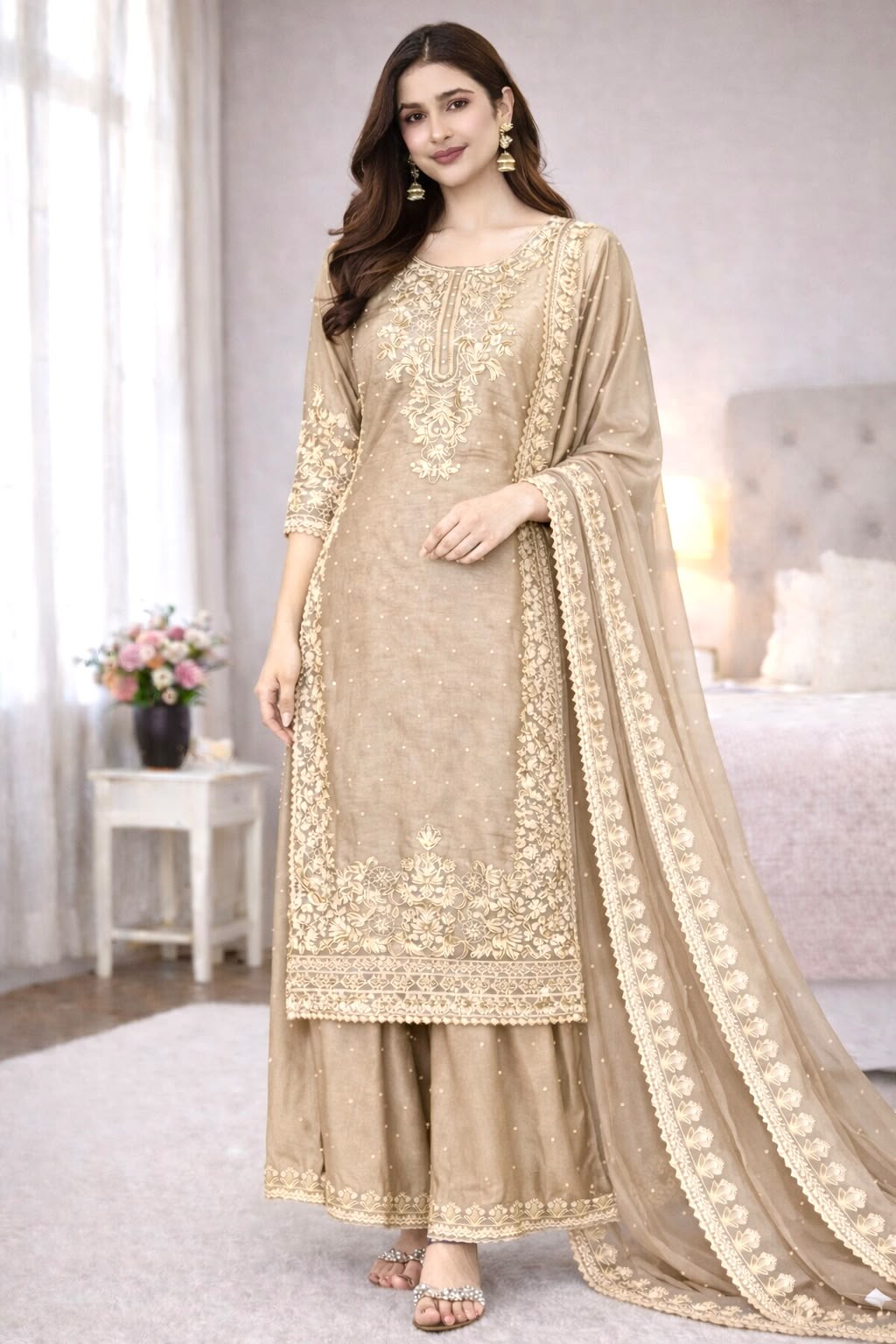New Designer Collection In GMY SILK With Heavy Embroidery Coding Sequence Work Top-Bottom And Dupatta Set Fully Stitched Ready To Wear