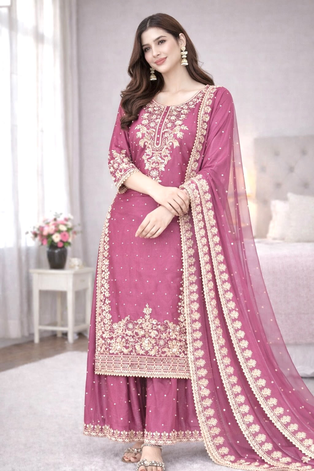 New Designer Collection In GMY SILK With Heavy Embroidery Coding Sequence Work Top-Bottom And Dupatta Set Fully Stitched Ready To Wear