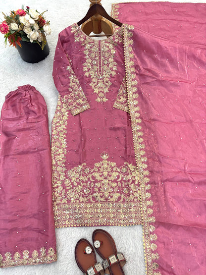 New Designer Collection In GMY SILK With Heavy Embroidery Coding Sequence Work Top-Bottom And Dupatta Set Fully Stitched Ready To Wear
