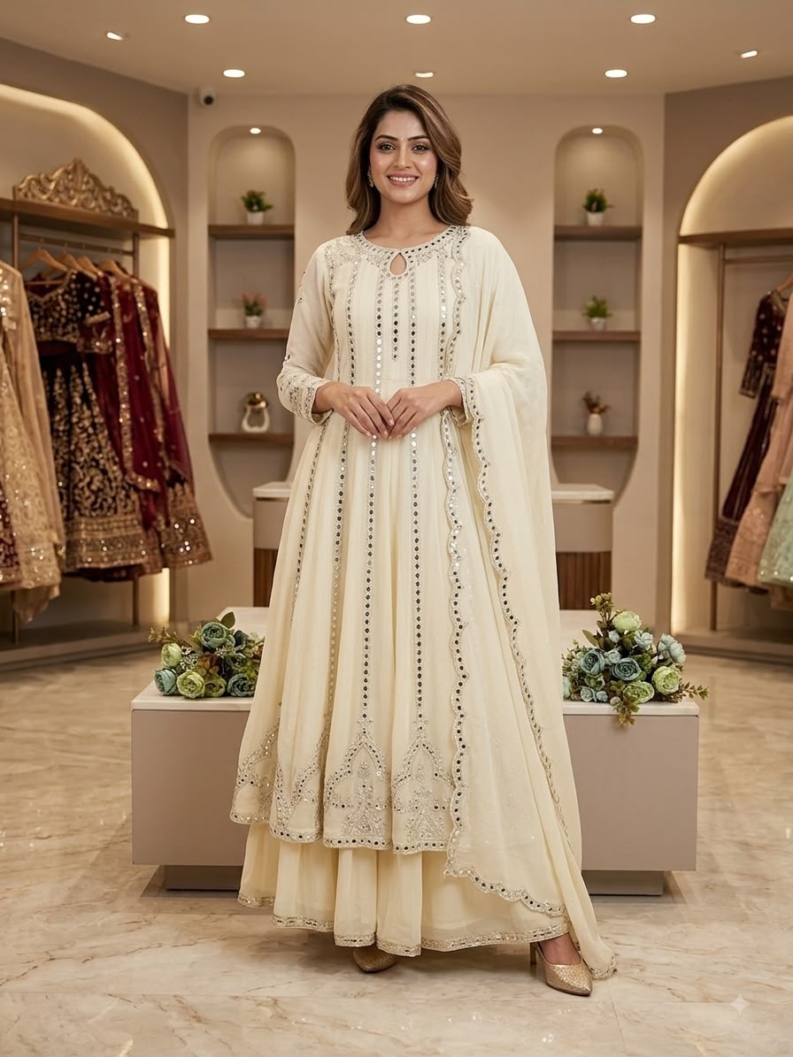 THIS FESTIVAL SEASON WEAR OUR BEAUTIFUL GOWN ,LAHENGA AND DUPATTA WITH SEQUENCE EMBROIDERY AND REAL MIRROR WORK