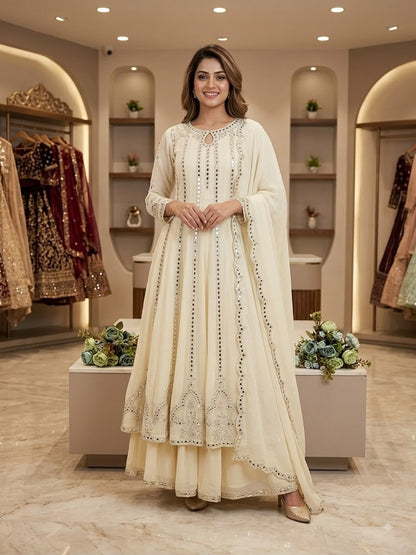 THIS FESTIVAL SEASON WEAR OUR BEAUTIFUL GOWN ,LAHENGA AND DUPATTA WITH SEQUENCE EMBROIDERY AND REAL MIRROR WORK