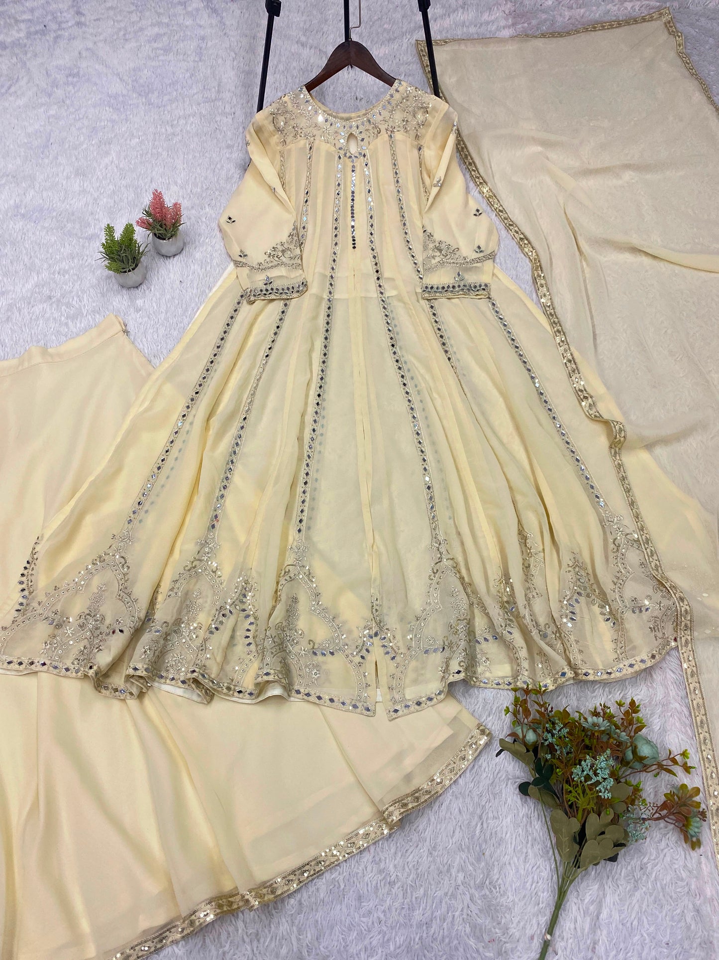 THIS FESTIVAL SEASON WEAR OUR BEAUTIFUL GOWN ,LAHENGA AND DUPATTA WITH SEQUENCE EMBROIDERY AND REAL MIRROR WORK