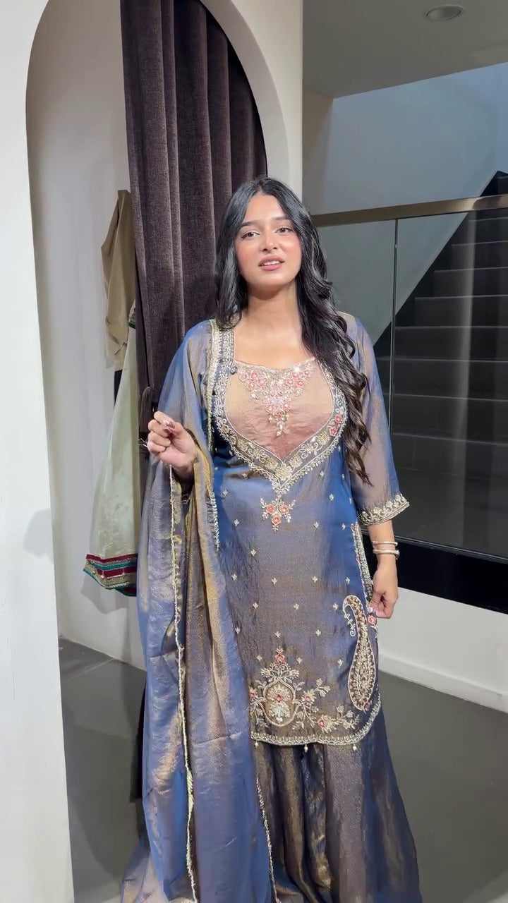 FESTIVAL SPECIAL SEQUENCE EMBROIDERY ON SILK FABRIC TOP AND PLAZZO WITH DUPATTA SET