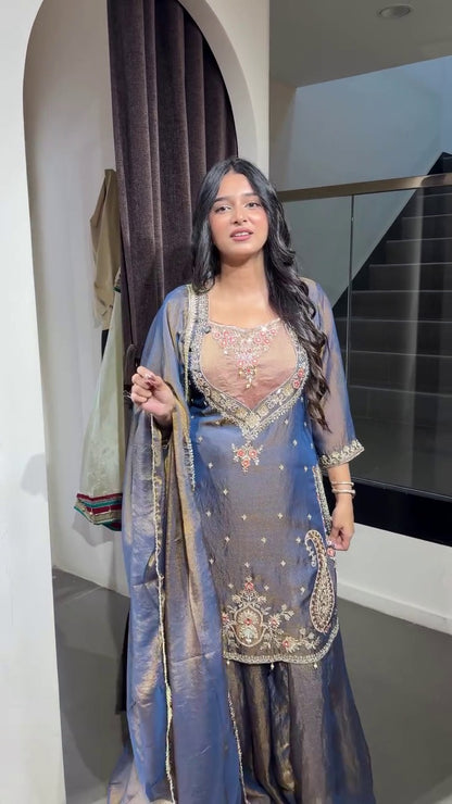 FESTIVAL SPECIAL SEQUENCE EMBROIDERY ON SILK FABRIC TOP AND PLAZZO WITH DUPATTA SET