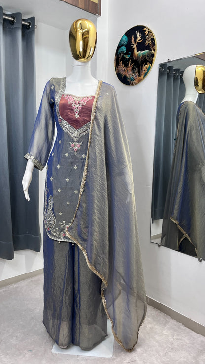FESTIVAL SPECIAL SEQUENCE EMBROIDERY ON SILK FABRIC TOP AND PLAZZO WITH DUPATTA SET