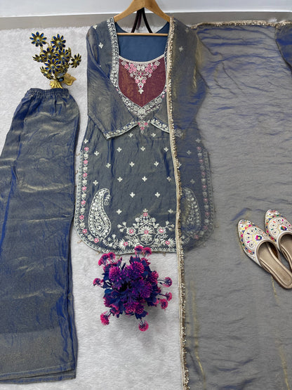 FESTIVAL SPECIAL SEQUENCE EMBROIDERY ON SILK FABRIC TOP AND PLAZZO WITH DUPATTA SET