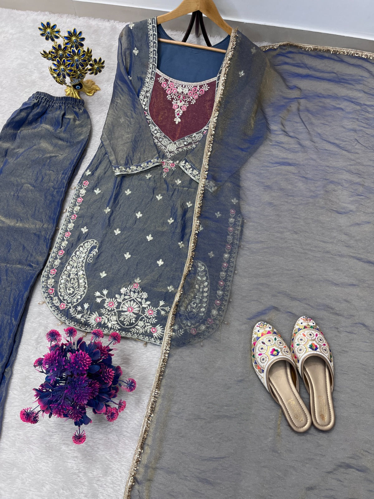 FESTIVAL SPECIAL SEQUENCE EMBROIDERY ON SILK FABRIC TOP AND PLAZZO WITH DUPATTA SET