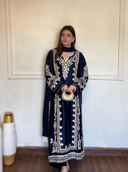Đěsigner Party Wear Look Pur Satin Rayon Over Size Long Kaftan & Bottom With Dupatta set