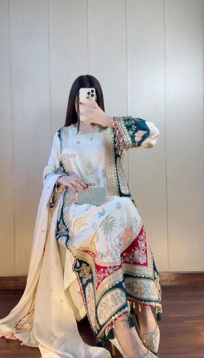 THIS FESTIVAL SEASON WEAR OUR BEAUTIFUL KAFTAAN WITH PANT AND DUPATTA WITH SEQUENCE EMBROIDERED AND APPLIQUE WORKED