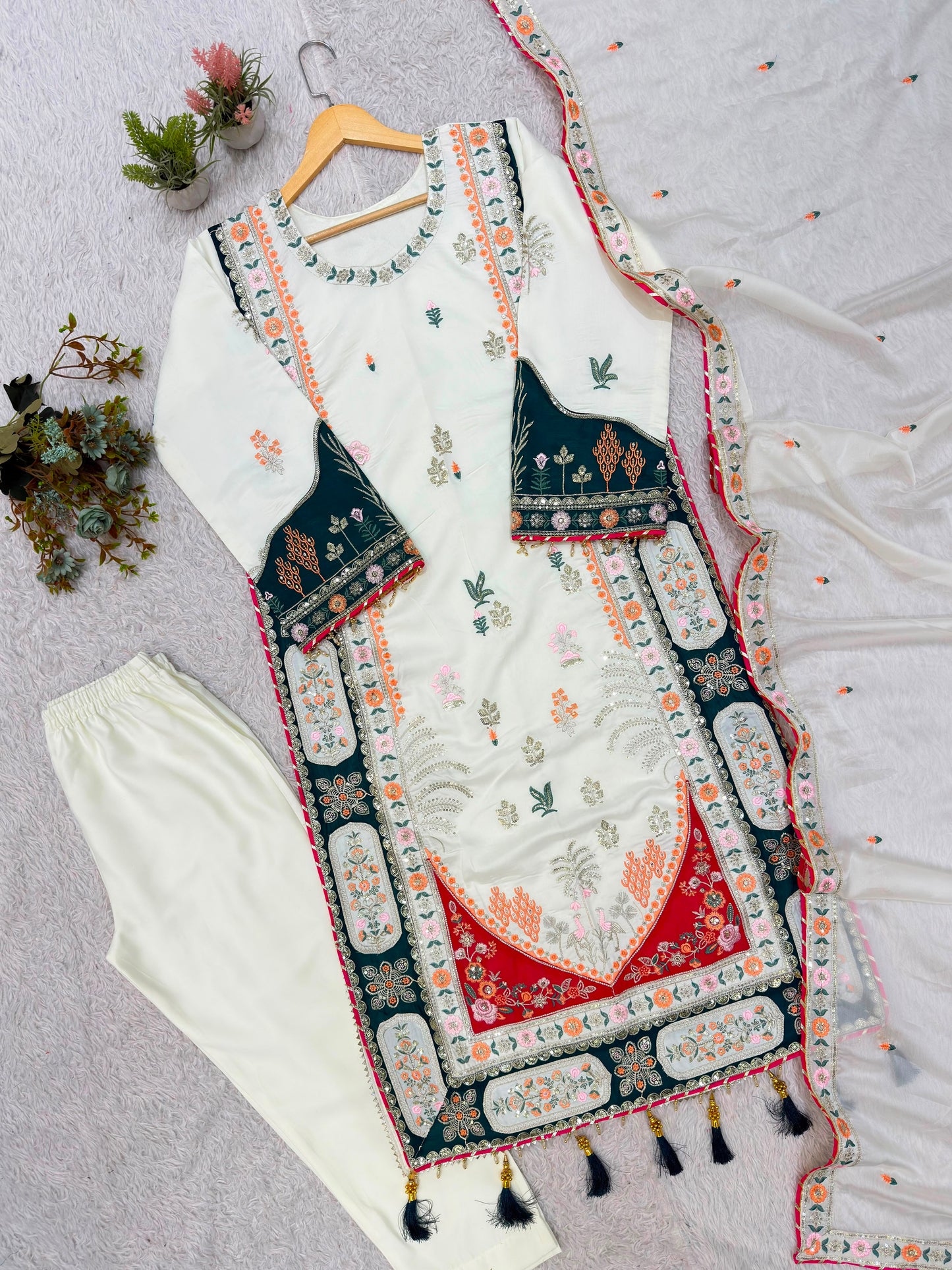 THIS FESTIVAL SEASON WEAR OUR BEAUTIFUL KAFTAAN WITH PANT AND DUPATTA WITH SEQUENCE EMBROIDERED AND APPLIQUE WORKED