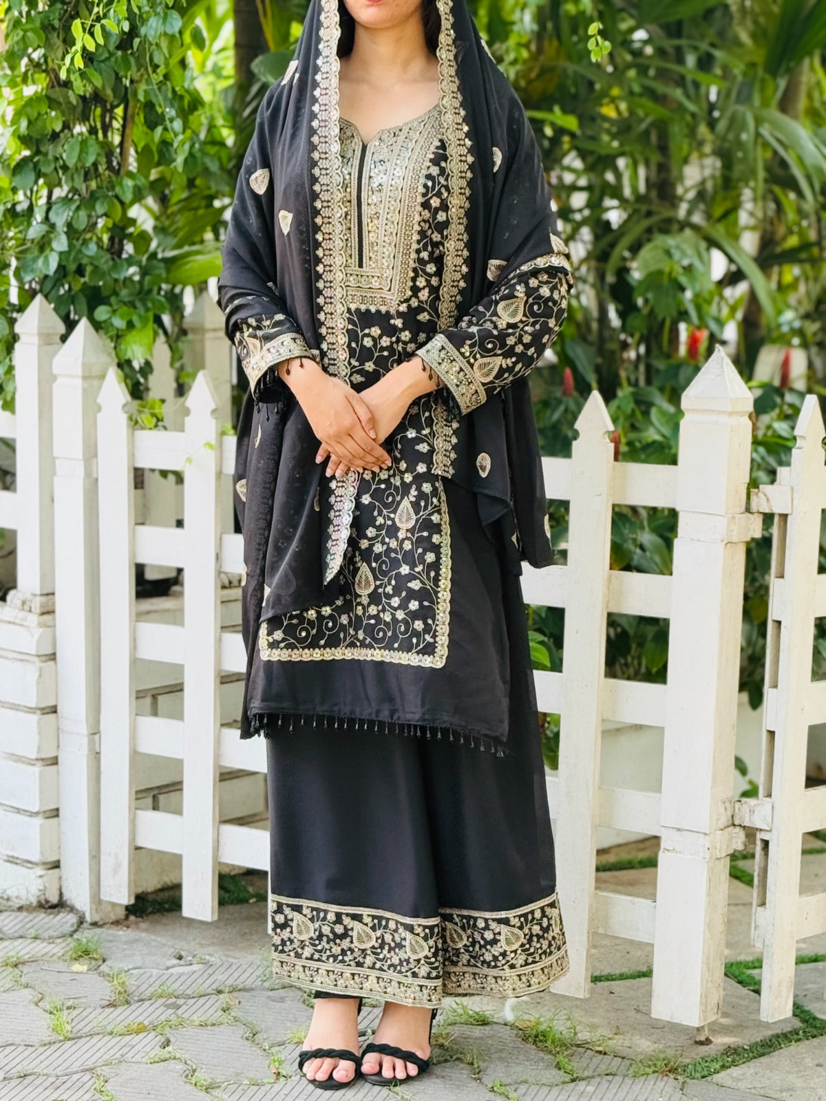 DESIGNER WEAR SEQUENCE EMBROIDERY ON STAR FOX GEORGETTE FABRIC TOP AND PLAZZO WITH DUPATTA