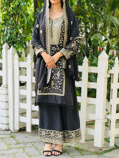 DESIGNER WEAR SEQUENCE EMBROIDERY ON STAR FOX GEORGETTE FABRIC TOP AND PLAZZO WITH DUPATTA