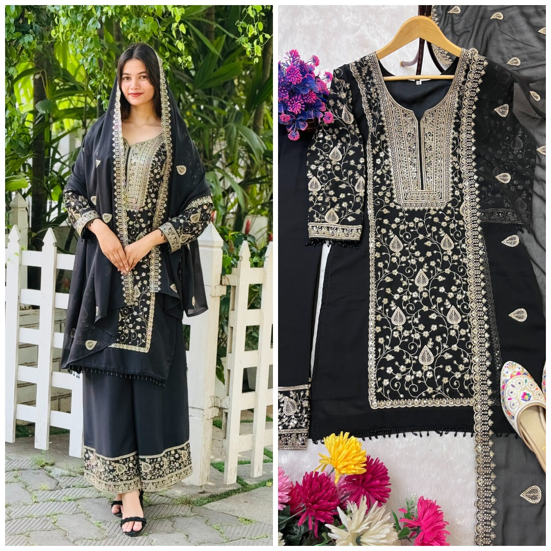 DESIGNER WEAR SEQUENCE EMBROIDERY ON STAR FOX GEORGETTE FABRIC TOP AND PLAZZO WITH DUPATTA