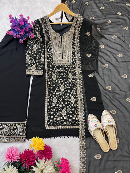 DESIGNER WEAR SEQUENCE EMBROIDERY ON STAR FOX GEORGETTE FABRIC TOP AND PLAZZO WITH DUPATTA
