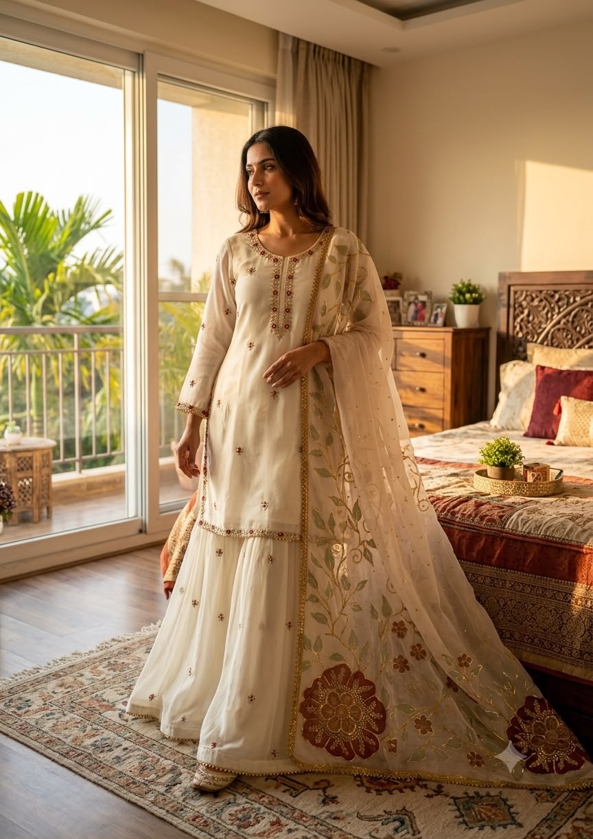3 PIECES KURTI, PLAZZO & DUPATTA WITH EMBROIDERY WORK & FOIL PRINT DUPATTA