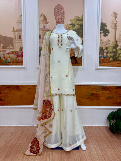 3 PIECES KURTI, PLAZZO & DUPATTA WITH EMBROIDERY WORK & FOIL PRINT DUPATTA