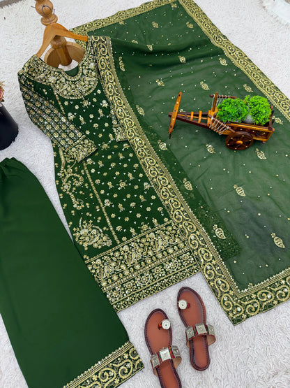 New Designer Party Wear Look Top-Plazzo and Dupatta With Heavy Embroidery Work