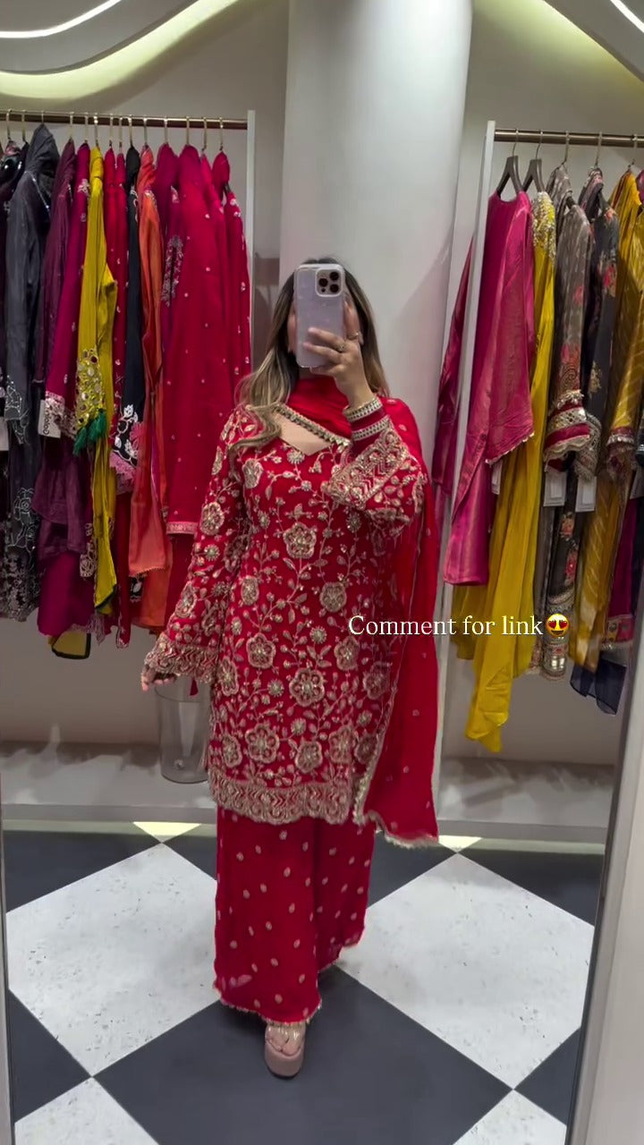 FESTIVAL SPECIAL SEQUENCE EMBROIDERY ON SILK FABRIC TOP AND PLAZZO WITH DUPATTA SET