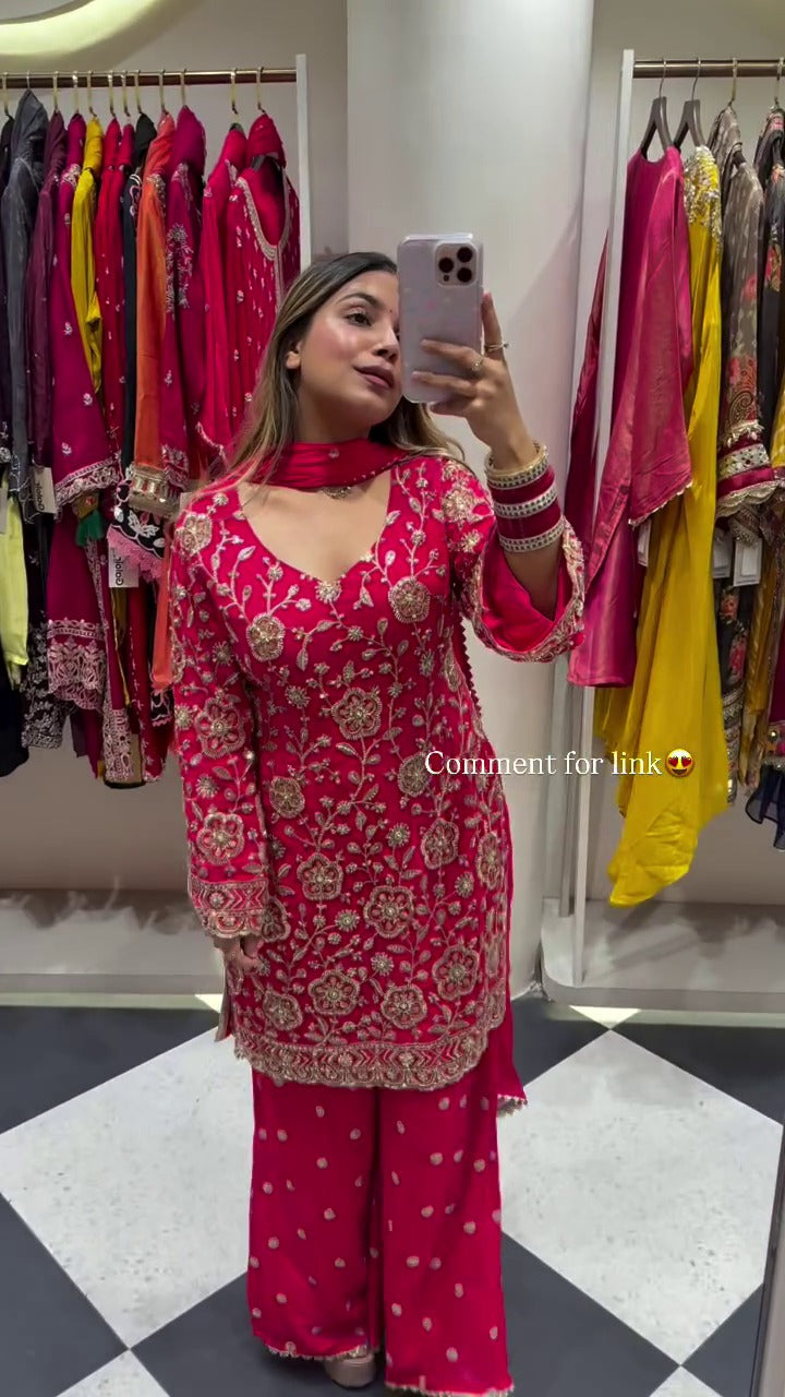 FESTIVAL SPECIAL SEQUENCE EMBROIDERY ON SILK FABRIC TOP AND PLAZZO WITH DUPATTA SET
