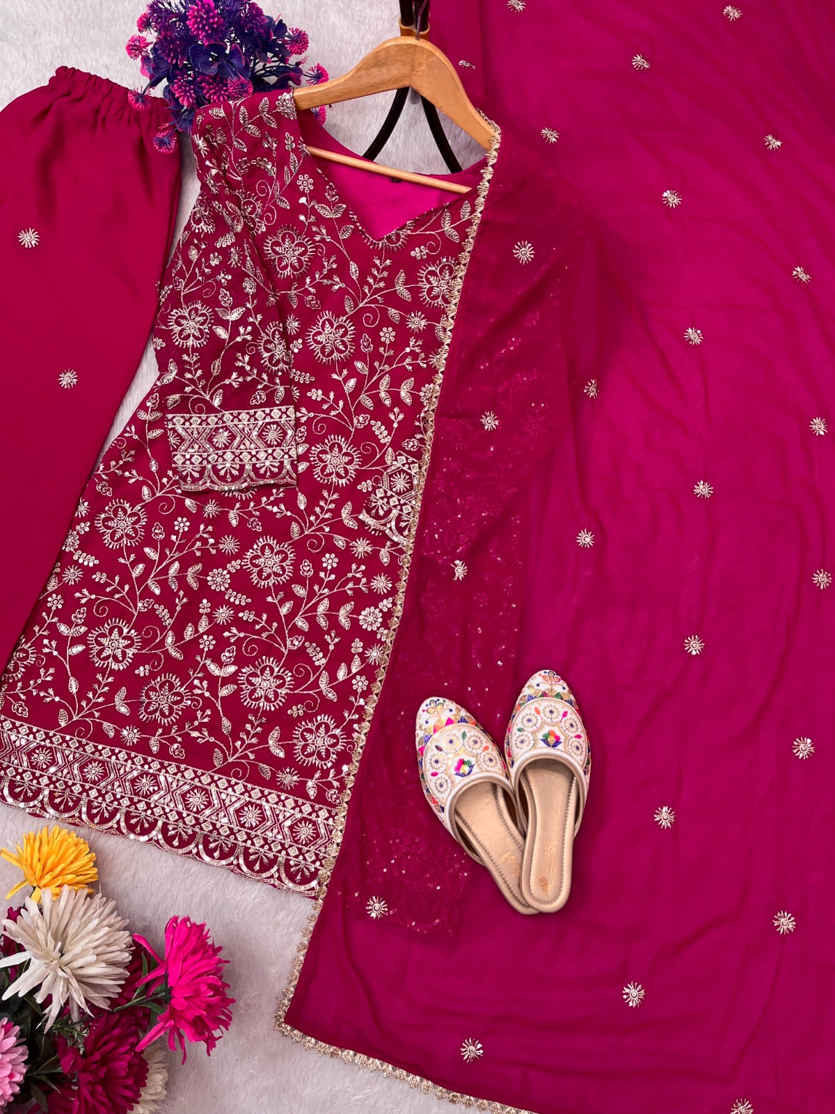 FESTIVAL SPECIAL SEQUENCE EMBROIDERY ON SILK FABRIC TOP AND PLAZZO WITH DUPATTA SET