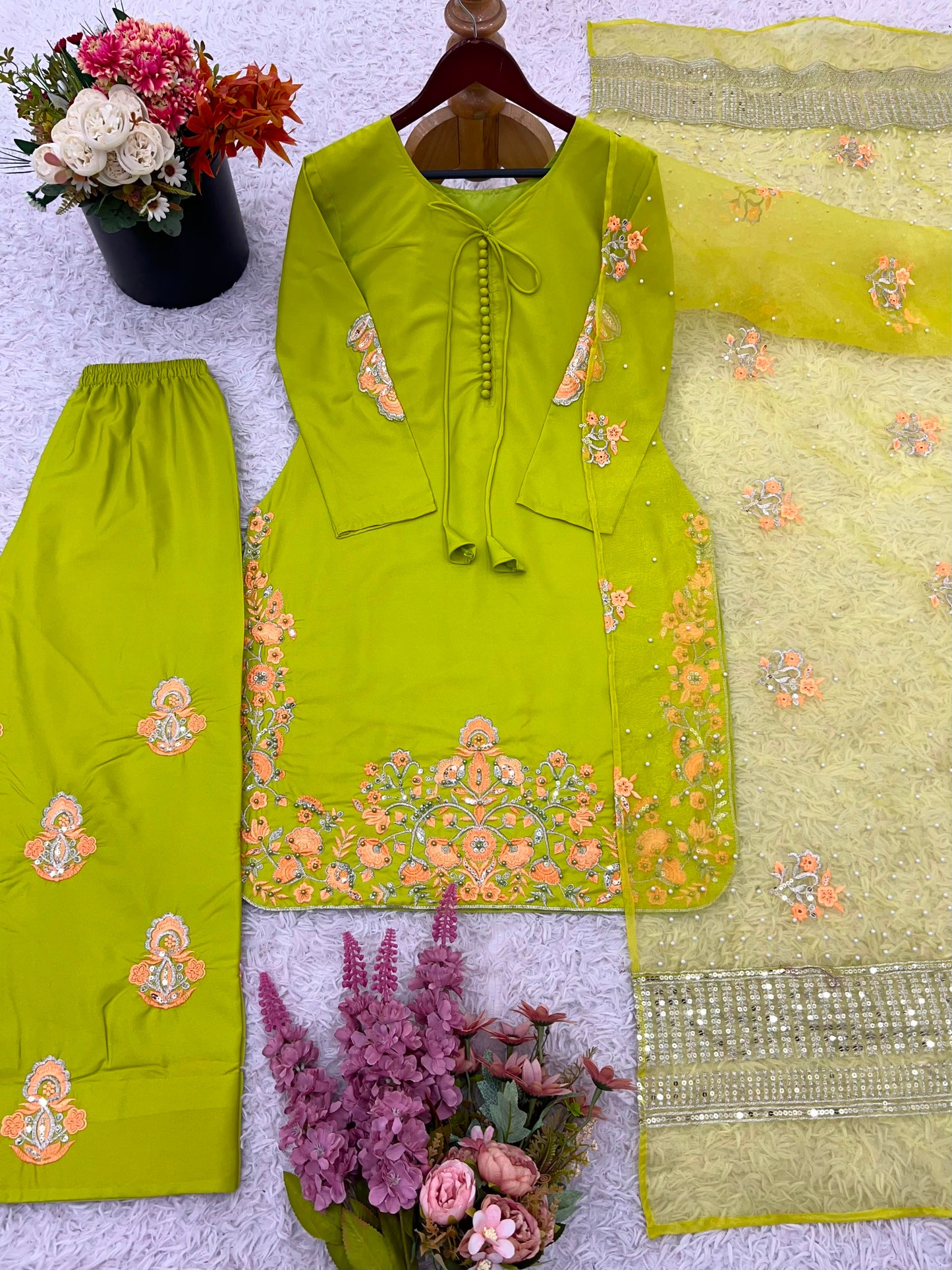 New Designer Collection In Natural Crep Silk Top-Bottom And Dupatta Set Fully Stitched Ready To Wear