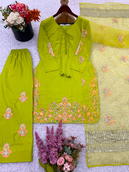 New Designer Collection In Natural Crep Silk Top-Bottom And Dupatta Set Fully Stitched Ready To Wear