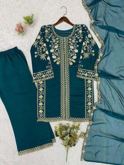 WEDDING SEASON WEAR OUR BEAUTIFUL SEQUENCE EMBROIDERED WORKED TOP , PLAZZO WITH DUPATTA