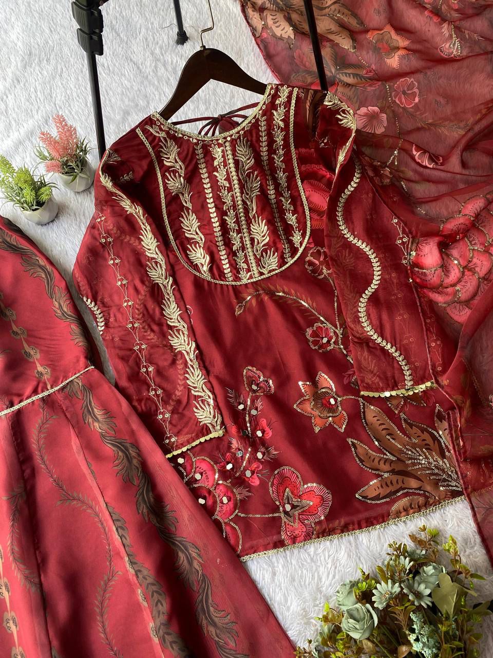 3 PIECE SHORT KURTI WITH SARARA PAIR WITH DUPATTA IN SEQUENCE EMBROIDERY AND REAL MIRROR WORK✨