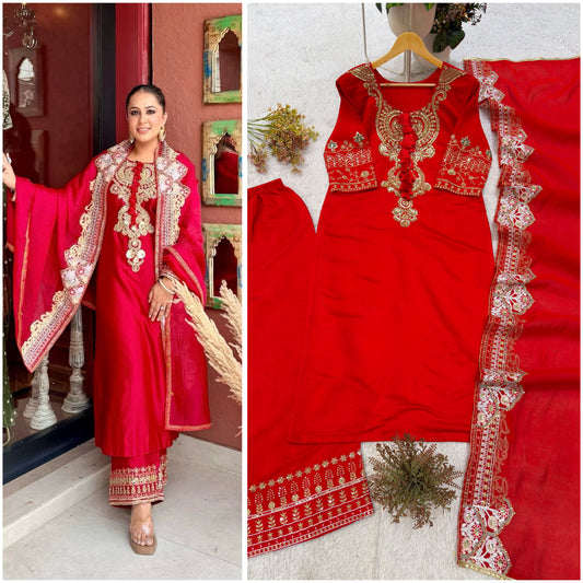 DESIGNER BEADS WORK ON NECK AND SEQUENCE EMBROIDERED WORKED TOP, PLAZZO WITH DUPATTA