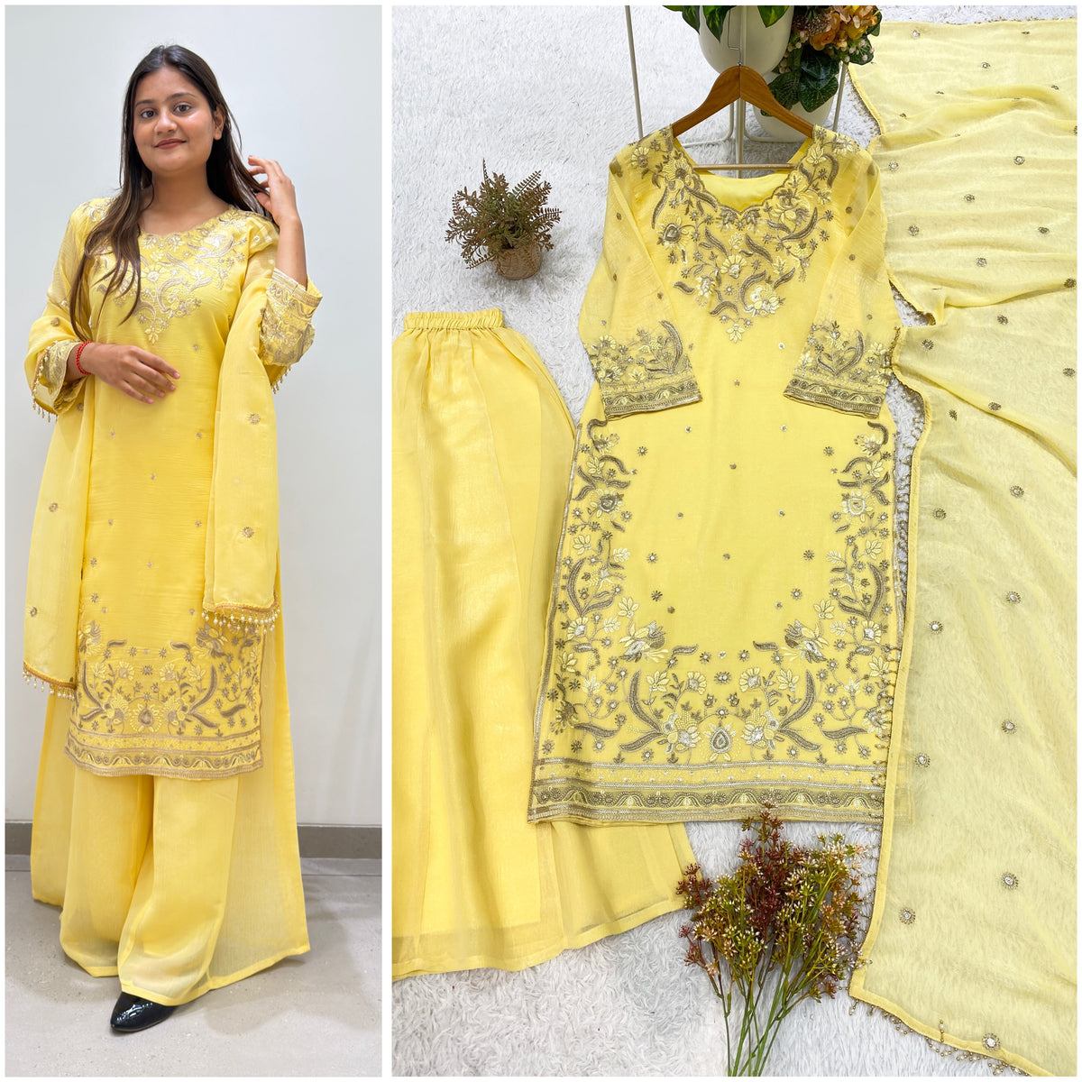 DESIGNER SEQUENCE EMBROIDERED WORKED TOP, PLAZZO WITH DUPATTA