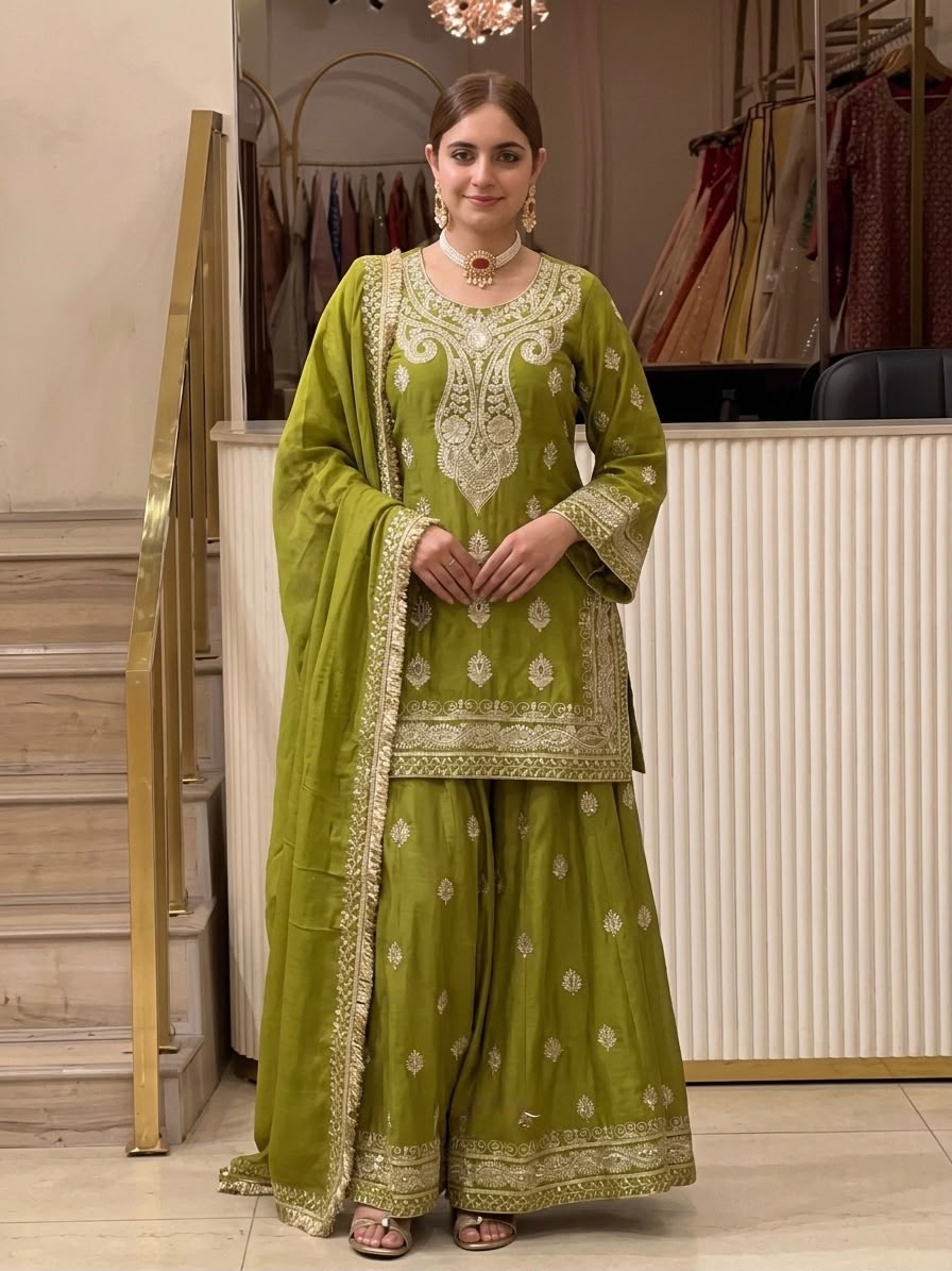 Đěsigner Party Wear Look Pur Chinon Silk Top Plazzo & Dupatta Set👗