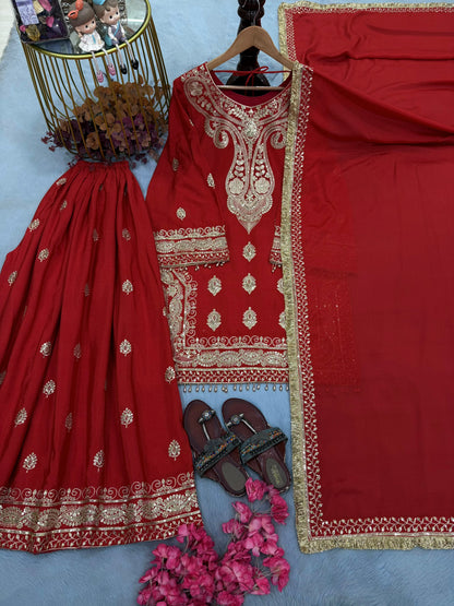 Đěsigner Party Wear Look Pur Chinon Silk Top Plazzo & Dupatta Set👗