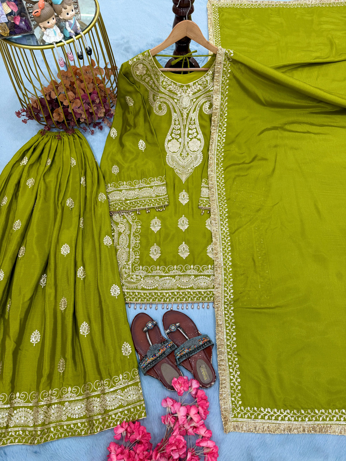 Đěsigner Party Wear Look Pur Chinon Silk Top Plazzo & Dupatta Set👗
