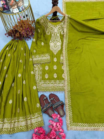 Đěsigner Party Wear Look Pur Chinon Silk Top Plazzo & Dupatta Set👗