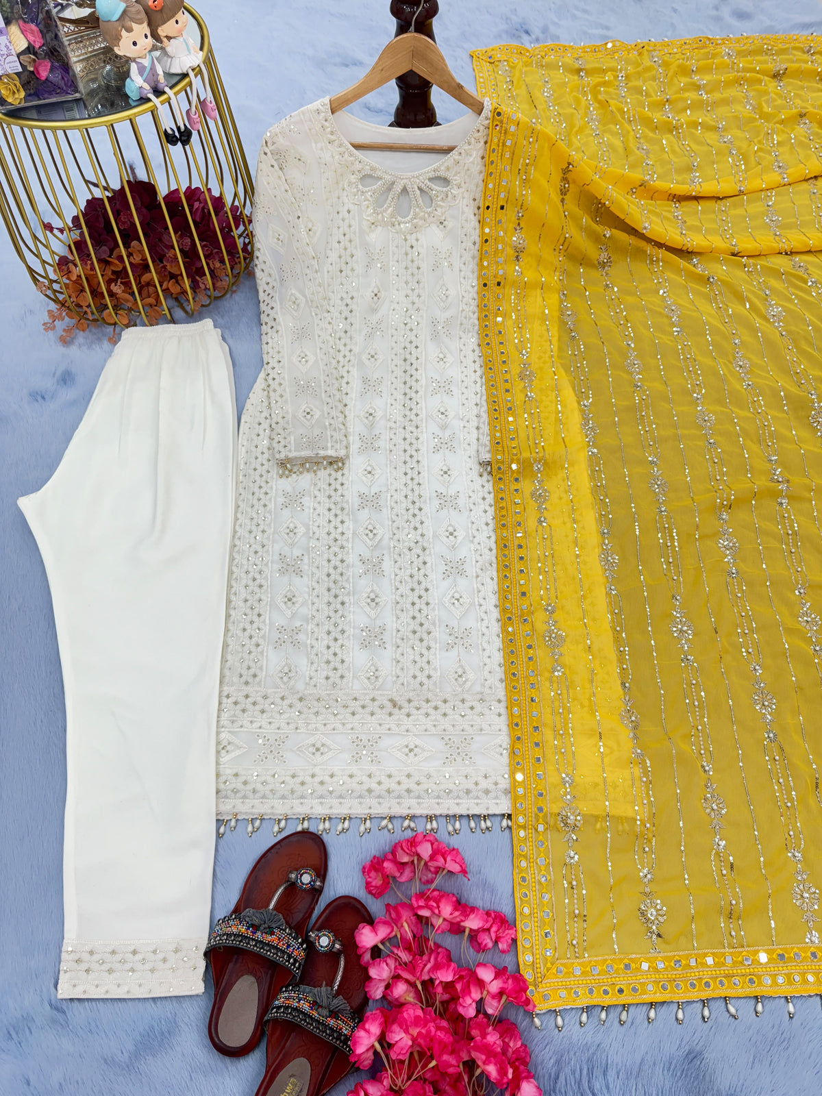 Đěsigner Party Wear Look Heavy Faux Georgette Top Bottom & Dupatta Set