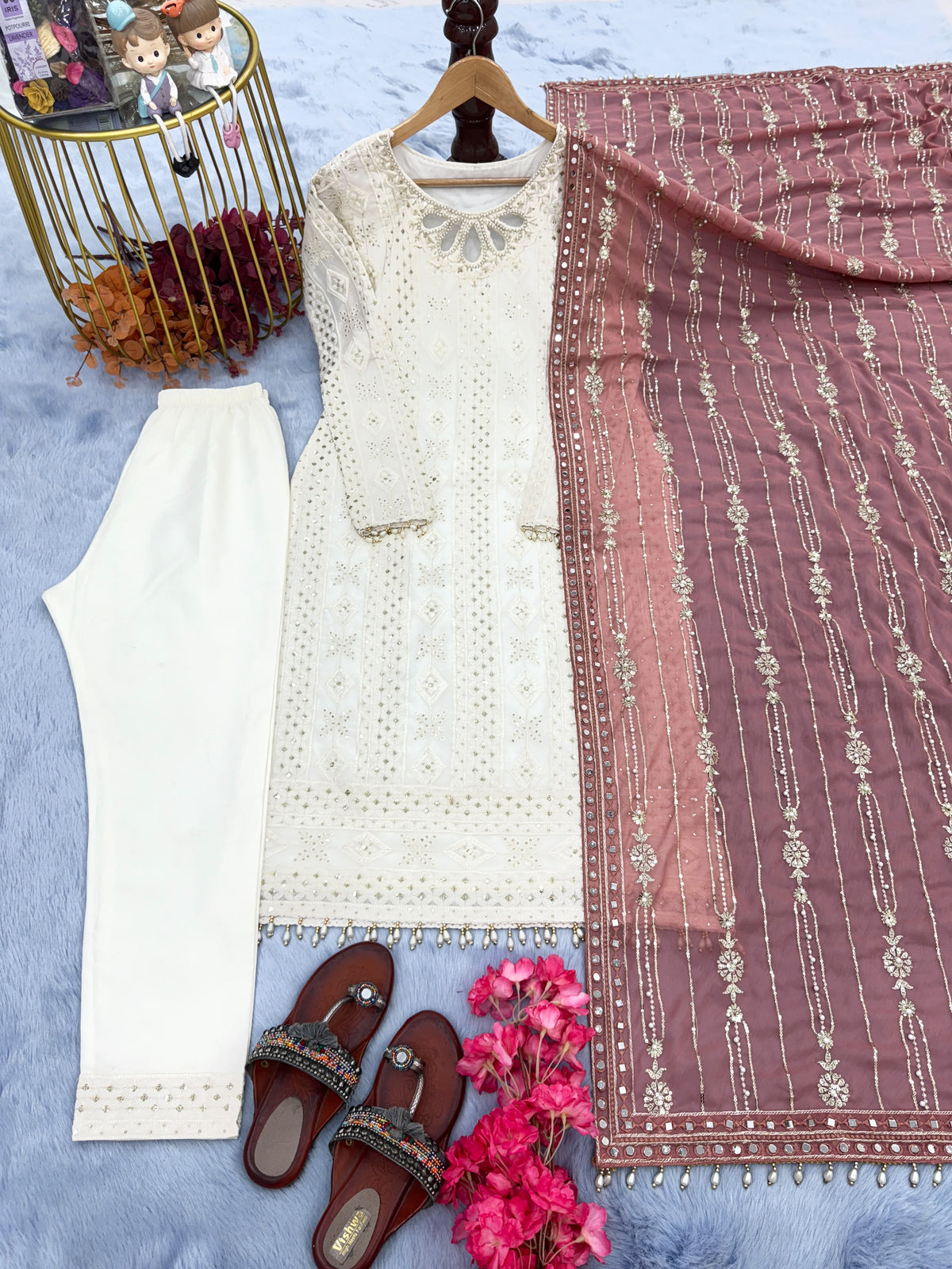 Đěsigner Party Wear Look Heavy Faux Georgette Top Bottom & Dupatta Set