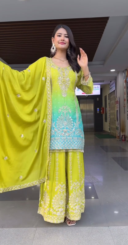 Pure Heavy Chinnon Silk With Heavy Embroidery Coding Sequence Work With Full Embroidery Sleeve