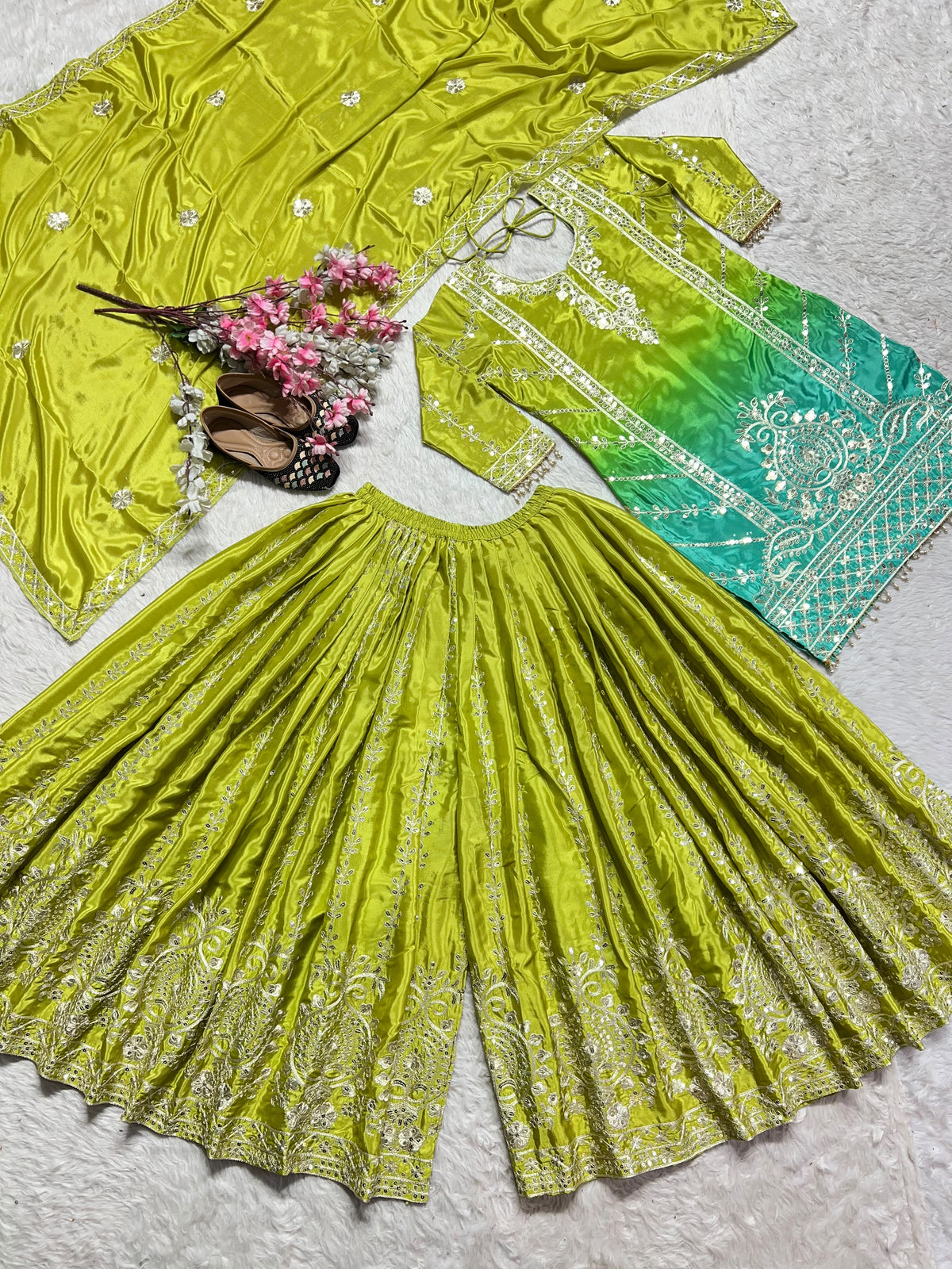Pure Heavy Chinnon Silk With Heavy Embroidery Coding Sequence Work With Full Embroidery Sleeve