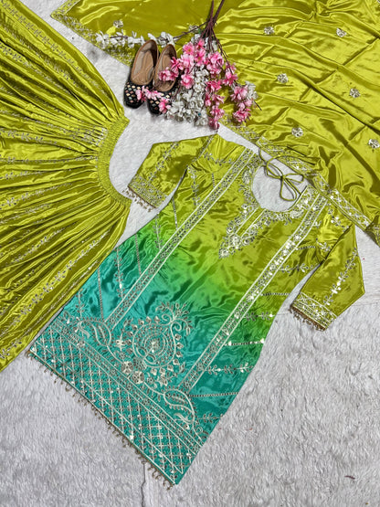 Pure Heavy Chinnon Silk With Heavy Embroidery Coding Sequence Work With Full Embroidery Sleeve