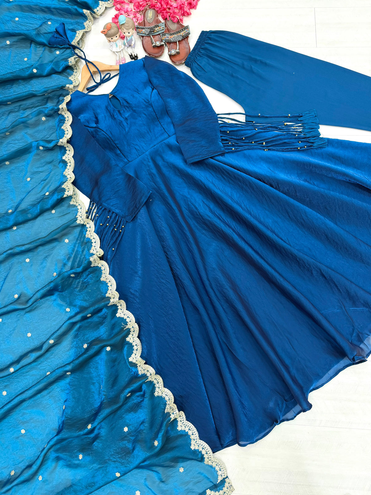 New Party Wear Look Pur Fandy Crush Silk Gown,Dupatta & Bottom Set