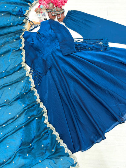 New Party Wear Look Pur Fandy Crush Silk Gown,Dupatta & Bottom Set