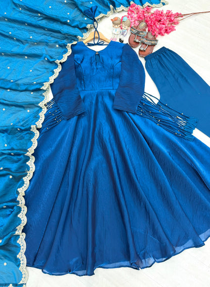 New Party Wear Look Pur Fandy Crush Silk Gown,Dupatta & Bottom Set