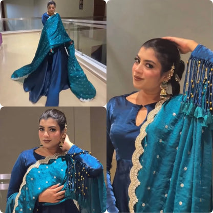 New Party Wear Look Pur Fandy Crush Silk Gown,Dupatta & Bottom Set